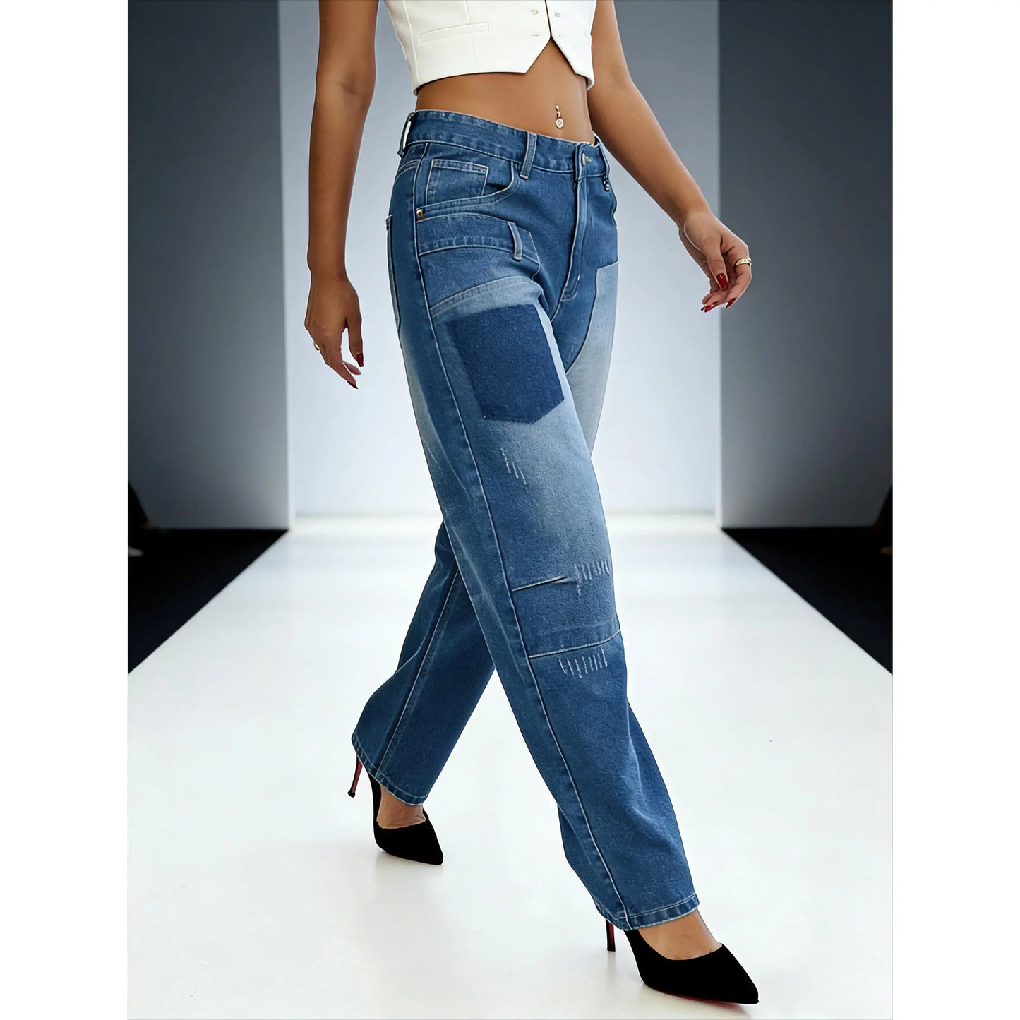 Women'S Loose Jeans | Retro Washed + Pocket Patchwork & Cone Fit