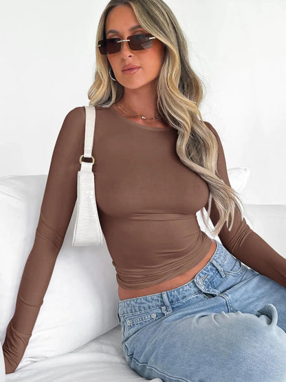 Women'S Trendy round Neck Long Sleeve Crop Tee, Casual Crew Neck T-Shirt, Women'S Slim-Fitting Top for Music Festival, Dating & Daily Wear