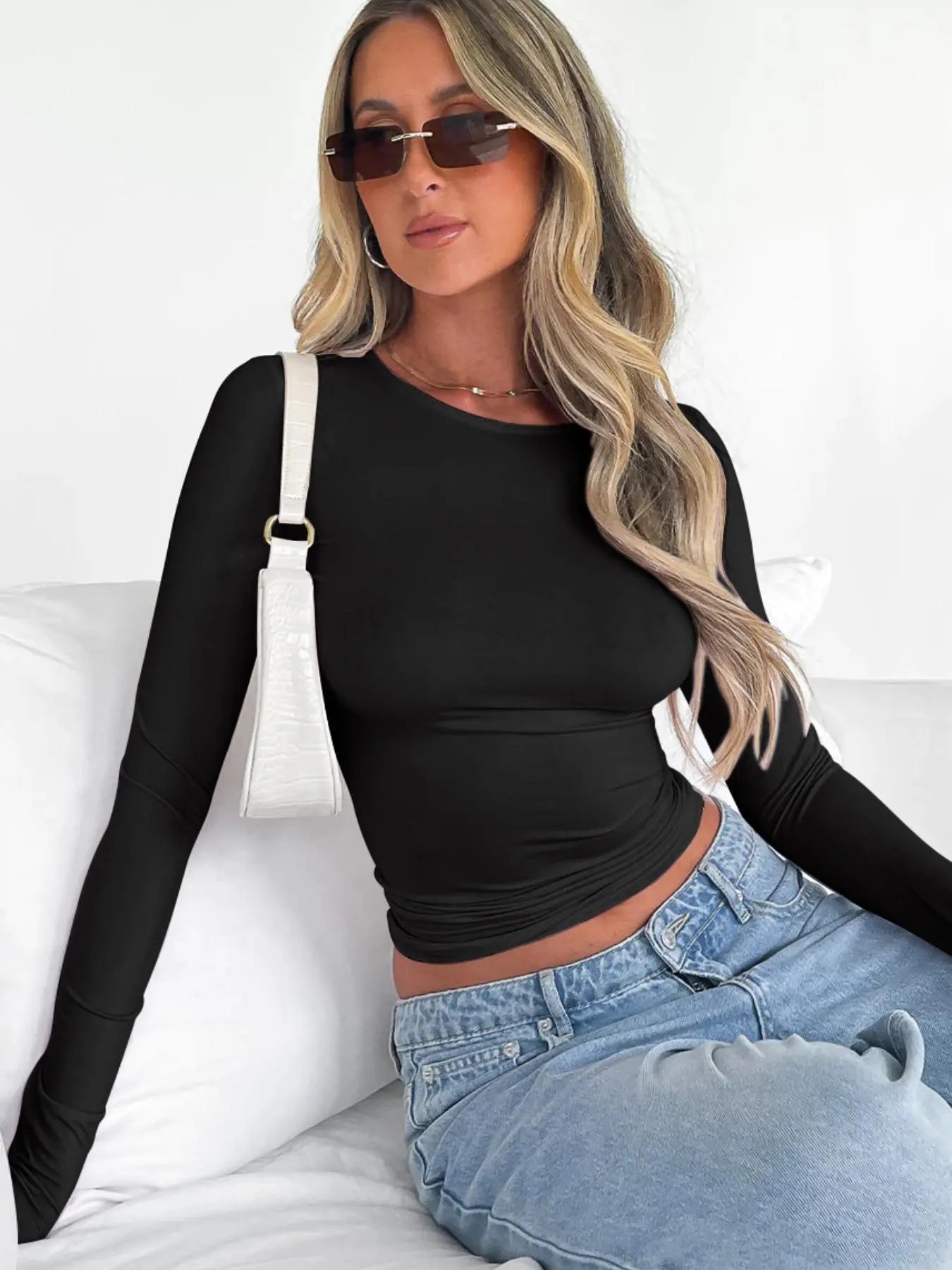 Women'S Trendy round Neck Long Sleeve Crop Tee, Casual Crew Neck T-Shirt, Women'S Slim-Fitting Top for Music Festival, Dating & Daily Wear