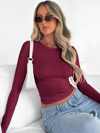 Women'S Trendy round Neck Long Sleeve Crop Tee, Casual Crew Neck T-Shirt, Women'S Slim-Fitting Top for Music Festival, Dating & Daily Wear