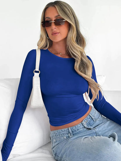 Women'S Trendy round Neck Long Sleeve Crop Tee, Casual Crew Neck T-Shirt, Women'S Slim-Fitting Top for Music Festival, Dating & Daily Wear