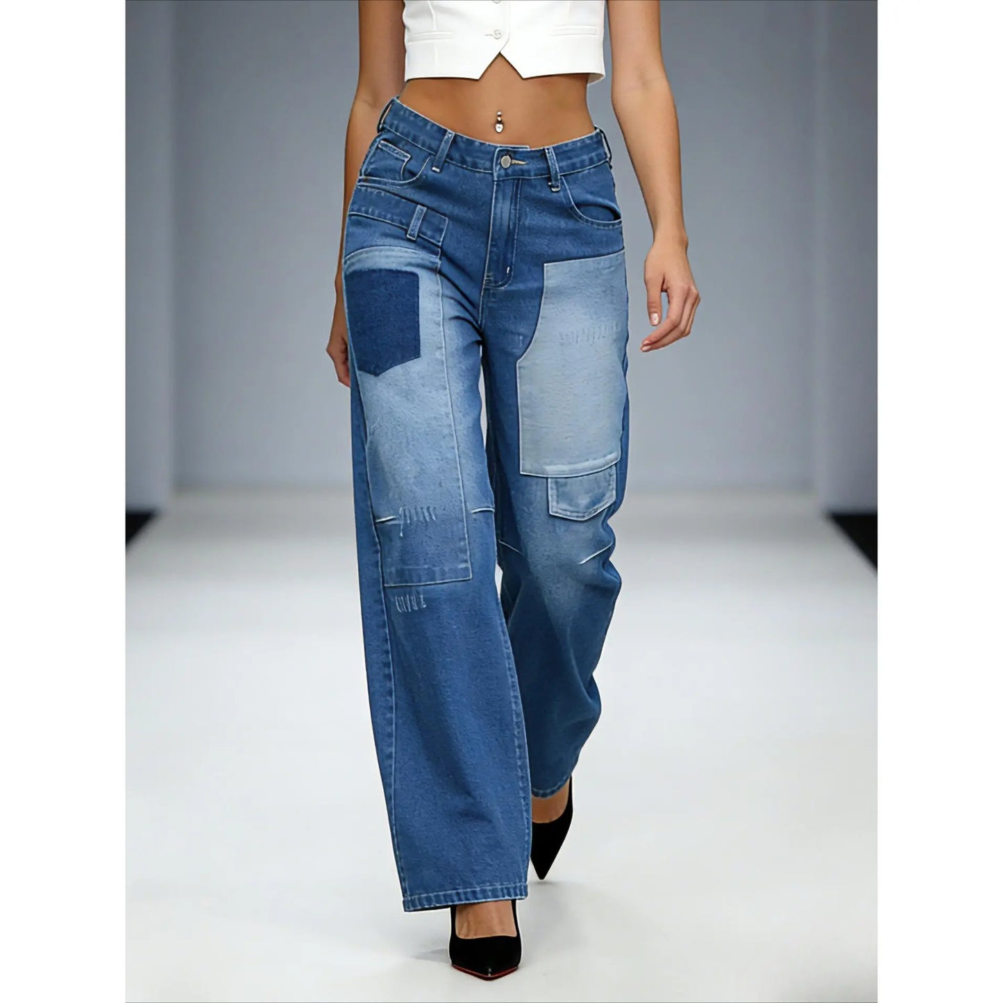 Women'S Loose Jeans | Retro Washed + Pocket Patchwork & Cone Fit