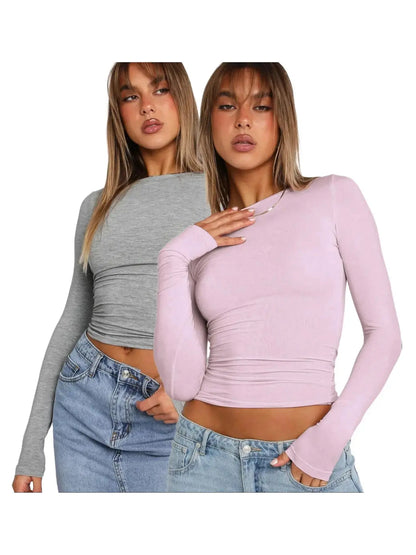 Women'S Trendy round Neck Long Sleeve Crop Tee, Casual Crew Neck T-Shirt, Women'S Slim-Fitting Top for Music Festival, Dating & Daily Wear
