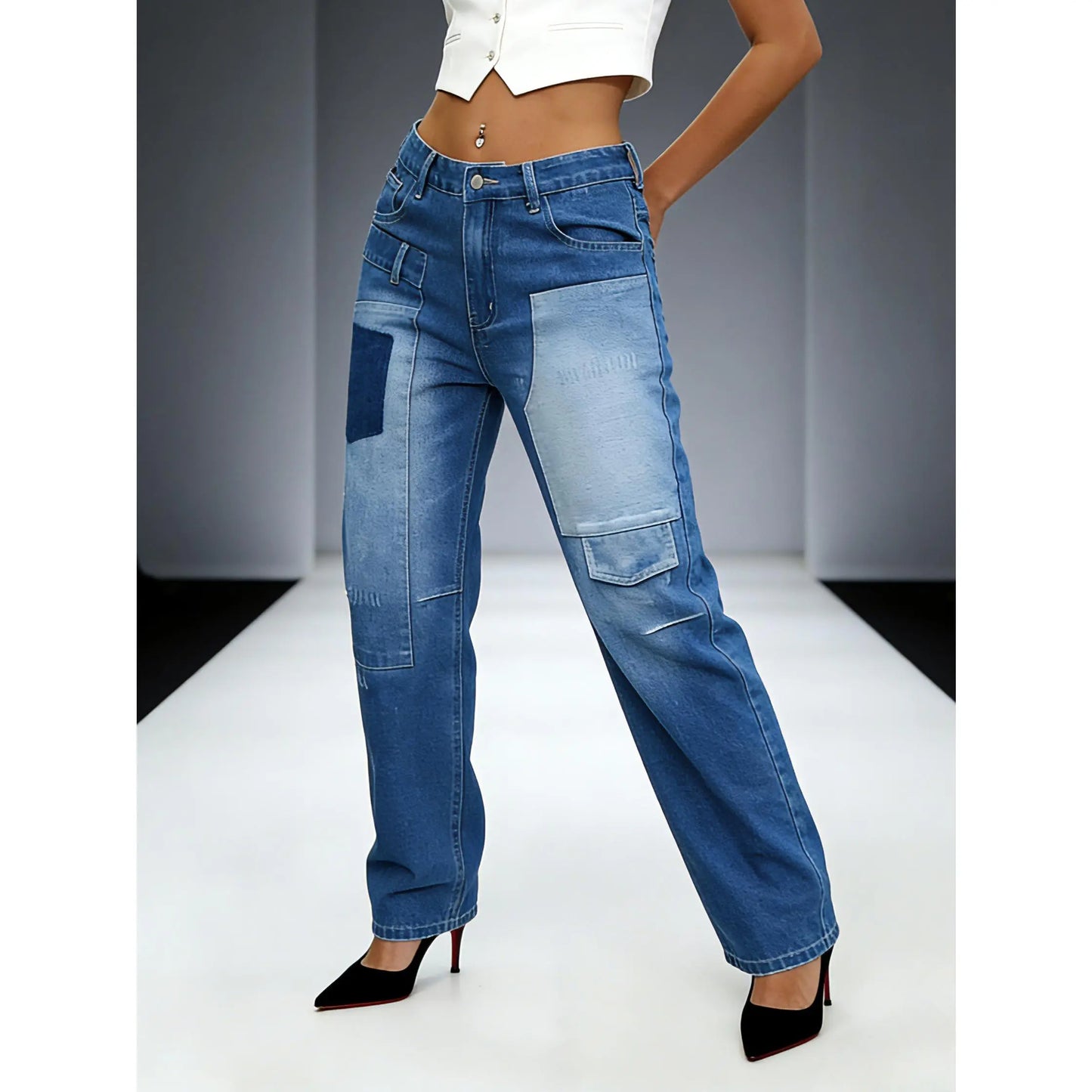 Women'S Loose Jeans | Retro Washed + Pocket Patchwork & Cone Fit