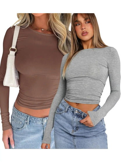 Women'S Trendy round Neck Long Sleeve Crop Tee, Casual Crew Neck T-Shirt, Women'S Slim-Fitting Top for Music Festival, Dating & Daily Wear