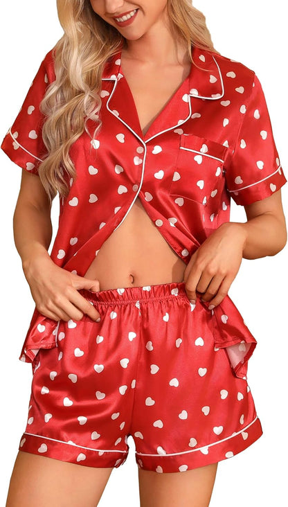 Women'S Silk Pajama Set Classic Button down Short Sleeve Satin Pjs | Satin Silky Pajamas Set,2 Piece,Short Sleeve,Button Down,Lightweight,All Seasons,For Sleeping,Lounging,Holiday,Honeymoon,Etc.