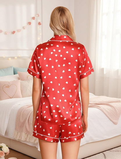 Women'S Silk Pajama Set Classic Button down Short Sleeve Satin Pjs | Satin Silky Pajamas Set,2 Piece,Short Sleeve,Button Down,Lightweight,All Seasons,For Sleeping,Lounging,Holiday,Honeymoon,Etc.