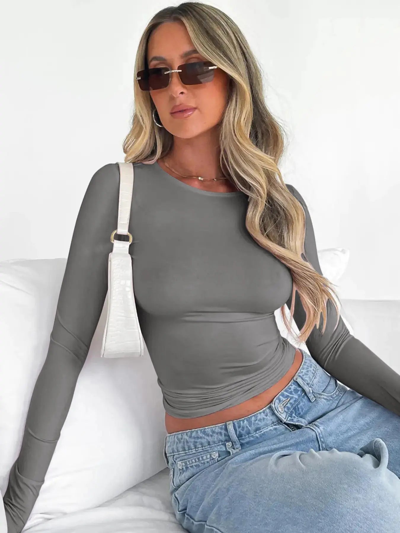 Women'S Trendy round Neck Long Sleeve Crop Tee, Casual Crew Neck T-Shirt, Women'S Slim-Fitting Top for Music Festival, Dating & Daily Wear